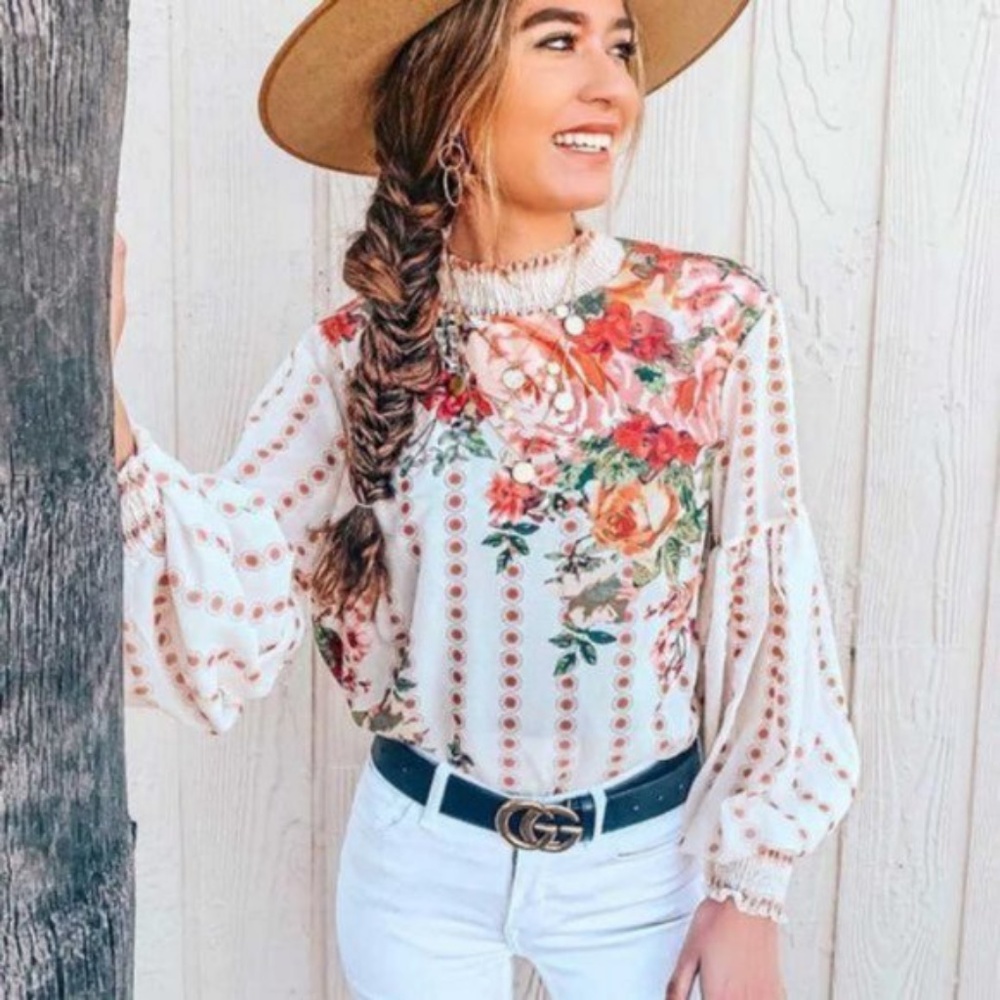 Boho Floral Print Polka Dot Mock neck Blouse